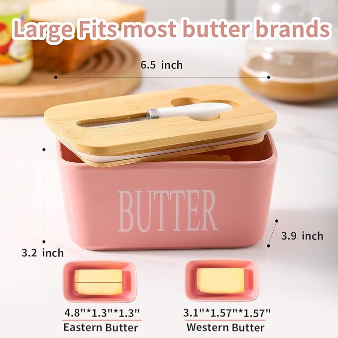 Hasense Butter Dish with Lid, Large Butter Dish for Countertop, Porcelain Butter Keeper Container with Knife, Airtight Butter Container with Cover,Pink