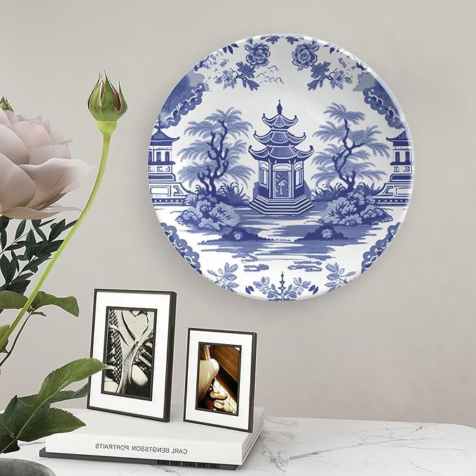 Chinoiserie Blue Asian Pagoda Ceramic Decorative Plate for Display Household Club Supplies Wedding Housewarming Gifts Holiday Party Decorations Personalized Gifts for Men Women Birthday