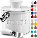 Zulay Kitchen Bell Shaped Butter Crock with Lid for Countertop with Water Line & Spreader Knife, Ceramic French Butter Dish Keeper For Fresh, Soft & Spreadable Butter - White