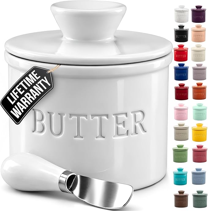 Zulay Kitchen Bell Shaped Butter Crock with Lid for Countertop with Water Line & Spreader Knife, Ceramic French Butter Dish Keeper For Fresh, Soft & Spreadable Butter - White