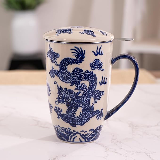 Urban Tokyo Tea Mug With Lid and Stainless Steel Infuser For Loose Leaf Tea Bag Tea Cup 15oz Porcelain Hot Beverage Everyday Use Home Office (Ryu Dragon)
