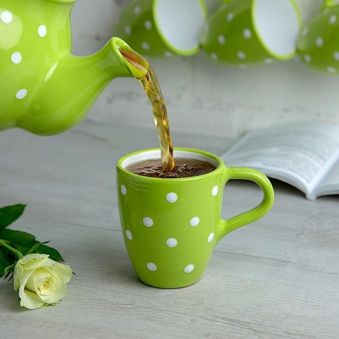 City to Cottage Ceramic Cappuccino Mug with Large Handle, 10oz Coffee Mug for Latte Hot Chocholate Tea, Daily Morning Dring at Home Office Work, Christmas Housewarming Gift Pistachio Green Polka Dot
