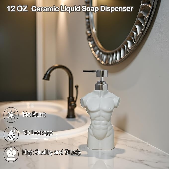 Ceramic Boy Soap Dispenser Refillable Liquid Hand Soap Dispenser for Bathroom or Kitchen (White)