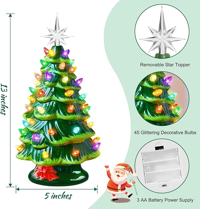 Minetom 13 Inch Ceramic Christmas Tree, Tabletop Christmas Tree with Multicolored LED Lights and Star, Battery Operated Vintage Lighted Ceramic Tree for Home Office Table Holiday Decorations