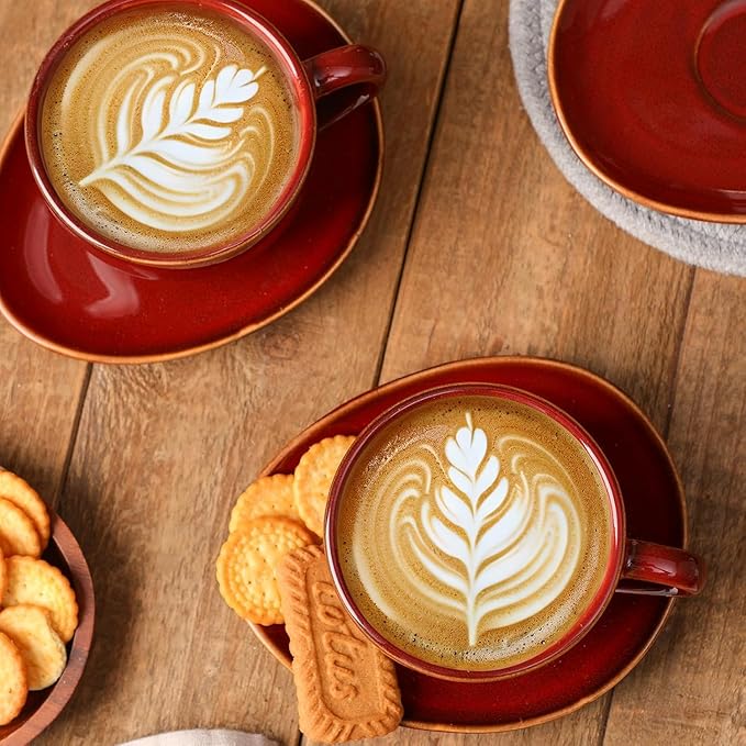 vicrays 6.5 oz Cappuccino Cups with Saucers, Set of 4, Ceramic Coffee Cup for Au Lait, Double shot, Latte, Cafe Mocha, Tea (Cherry Red)