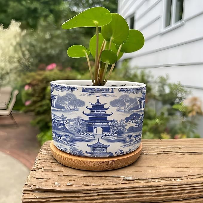 Chinoiserie Blue Asian Planters Ceramic Chinoiserie Chic Asian Round Flower Pots with Drainage Holes and Bamboo Tray Pot for Home Office Decoration