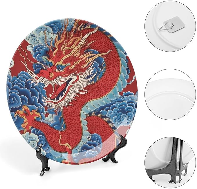 Red Dragon Chinoiserie Asian Inspired Ceramic Decorative Plate of 6", 7", 9", 10", Custom Ceramic Display Plate, Display Home Decorations Housewarming Gifts, Including Bracket And Special Hook