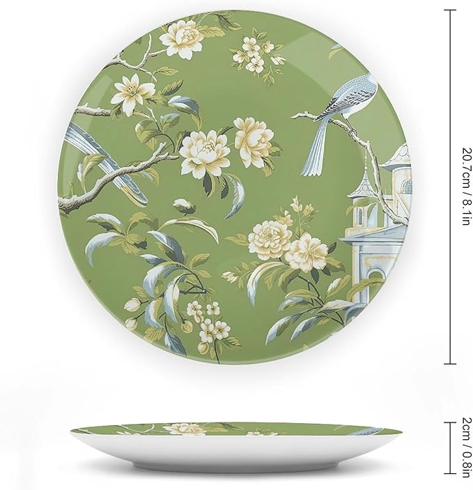 Pagoda Garden Imperial Green Chinoiserie Vintage Plates, Personalized Wall Hanging Decoration for Table Kitchen Club Decor, with Vertical Stand Art Decorations for Household Office