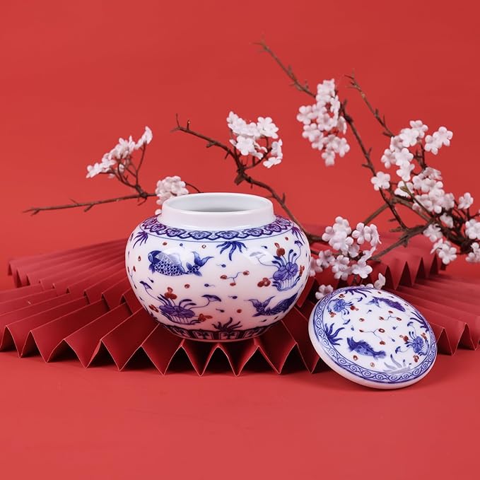 Traditional Chinoiserie Round Ginger Jars Blue and White Porcelain Series Ceramic Storage Jars with Sealed Lids,for Home/Kitchen/Dining Table Decoration (Fish Jar)