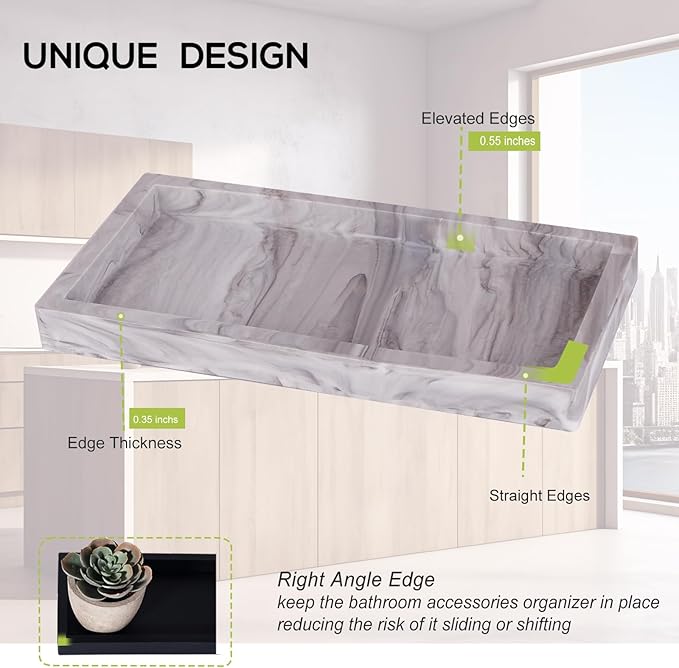 Bathroom Tray, Small Vanity Tray Silicone Soap Dish Sponge Holder Kitchen Sink Organizer Bathroom Accessories for Countertop, Toilet, Shower, 2 Pack, Marble Grey