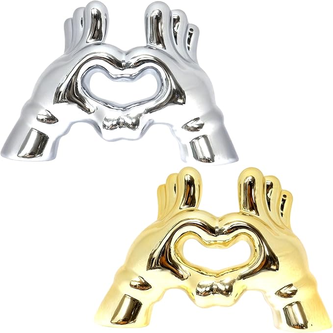 Zerzsy Heart Hands Sculpture Figurine Decor, 2 PCS Small Statue Shelf Decorative for Living Room Coffee Table, Loving Finger Statues Valentines Day Decorations Home Decor-Gold & Silver