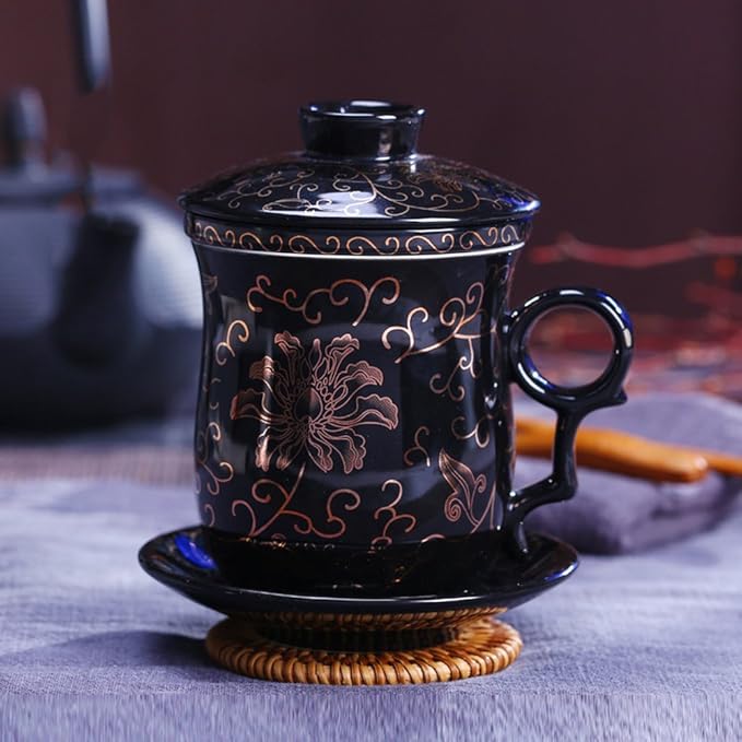 Porcelain Tea Cup with Infuser Lid and Saucer Sets - Chinese Jingdezhen Ceramics Coffee Mug Teacup Loose Leaf Tea Brewing System for Home Office