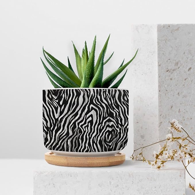 in Beige Planters Ceramic Black White Zebra Print Round Plant Pots with Drainage Holes and Bamboo Tray Pot for Pots Outdoor Indoor Plants