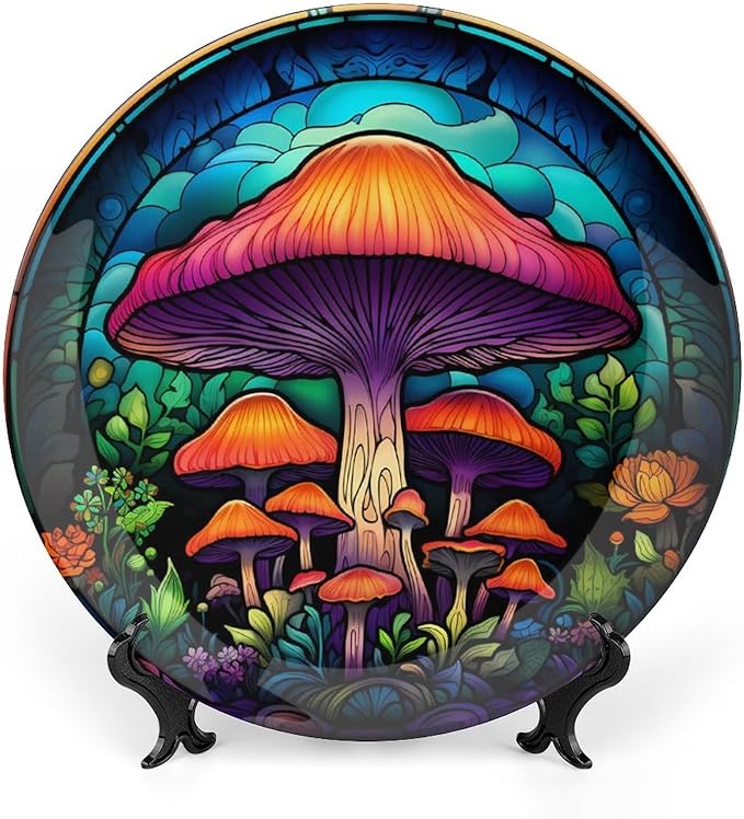 Decorative Plates, Forest Mushroom Stained Glass Painting Ceramic Dinner Plate Home Wobble-Plate with Display Stand, Wall Hanging Decor for Kitchen Household 8 Inch, Gifts for Mushroom Lovers