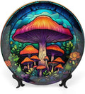 Decorative Plates, Forest Mushroom Stained Glass Painting Ceramic Dinner Plate Home Wobble-Plate with Display Stand, Wall Hanging Decor for Kitchen Household 6 Inch, Gifts for Mushroom Lovers