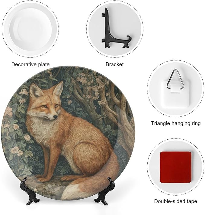 Ceramic Decorative Plate Fox in A William Morris Forest Custom Decor for Art Decoration Festival Display Club Ceramic Hanging Decorative Plate Including Bracket And Special Hook, Gifts for Men Women