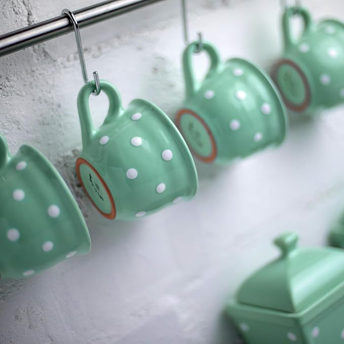 City to Cottage Handmade Teal Blue and White Polka Dot Ceramic 8.4oz/250ml | Cappuccino, Coffee, Tea Cup and Saucer, Unique Designer Pottery Gift for Tea Lovers