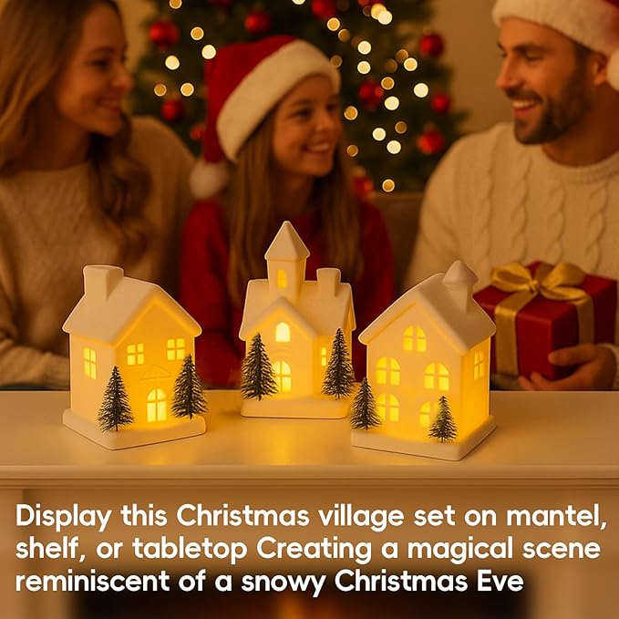 Christmas Decorations - Indoor Christmas Village Set of 3 Lighted Ceramic Houses with Trees - White Xmas Holiday Farmhouse Rustic Decor for Home Table Room
