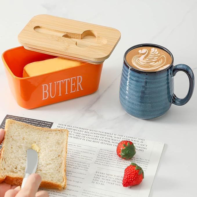 Hasense Porcelain Butter Dish with Bamboo Lid - Covered Butter Dish with Butter Knife for Countertop, Airtight Butter Container with Cover Perfect for East West Coast Butter, Orange