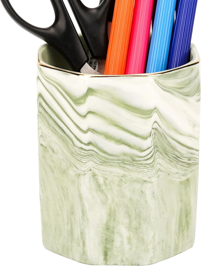 Green Marble Makeup Brush Holder– Round Ceramic Pencil Container with Gold Rim, Elegant Versatile Organizer for Vanity, Desk, or Bathroom