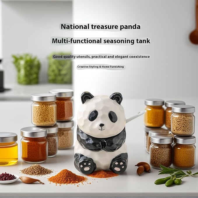 Panda Salt and Pepper Shakers, Cute 8oz Ceramic Spice Jar with Spoon, Animal Kitchen Countertop Decor, Novelty Gift for Cooks, Unique Shape