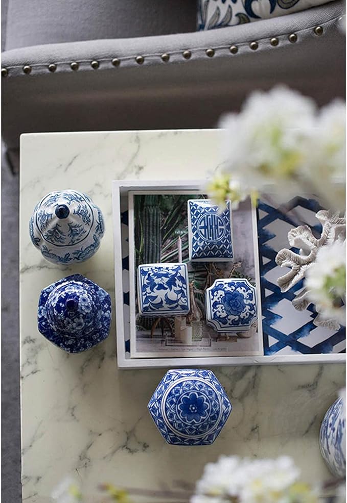 A&B Home 5" Decorative Porcelain Jars Set of 3 Glazed Hand Painted Blue White Ceramic Vase with Lid Centerpiece Ginger Jar Asian Décor