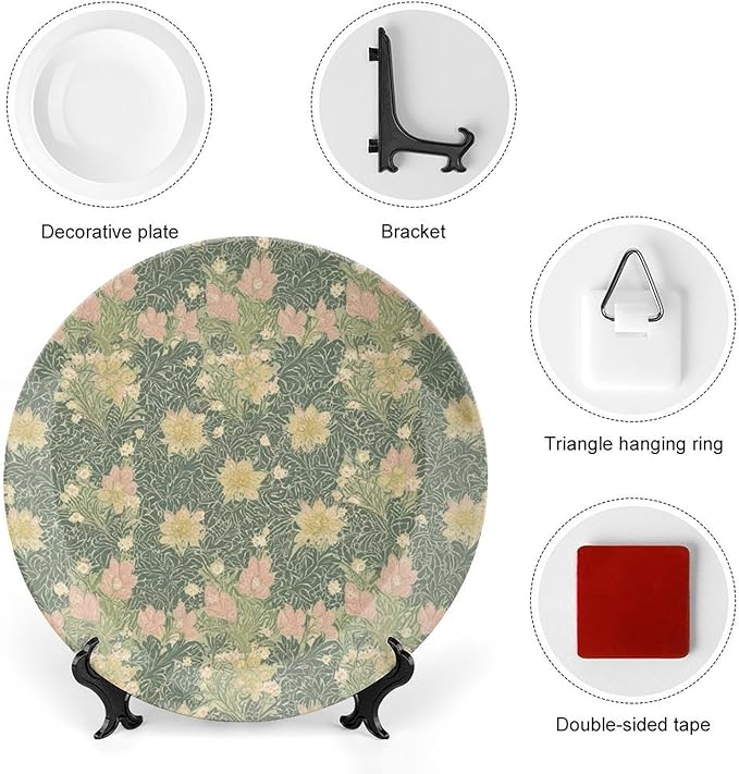 Spring William Morris Flowers China Plates of 6", 7", 8", 10", Personalized Christmas Design Design Collector Plates, Custom Gifts, Home Office Decorations Club, Including Bracket And Special Hook
