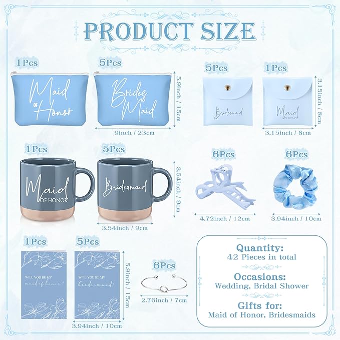 42 Pcs 6 Sets Wedding Favors Bridesmaid Proposal Gifts Maid of Honor Ceramic Coffee Cups Cosmetic Makeup Bags Invited Cards Scrunchies Knotted Bracelets Jewelry Bags Hair Claw Clips(Blue)