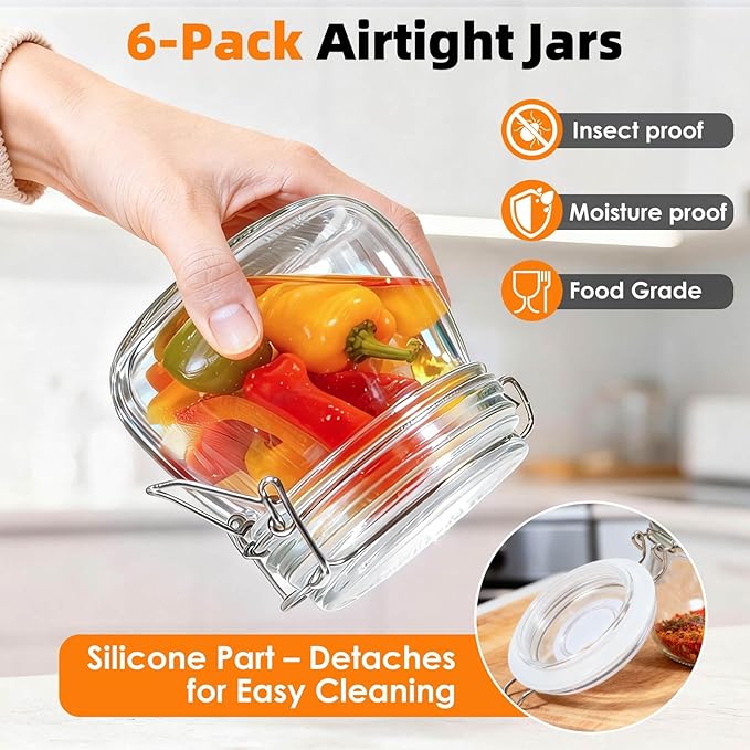 SKOCHE 6 Pack Glass Jars with Airtight Lid 17 oz, Small Air Tight Glass Storage Jar, Pickling Jar, Leakproof Canister Jars with Silicone Seal for Kitchen Canning, Food Storage, Jam, Mason jars