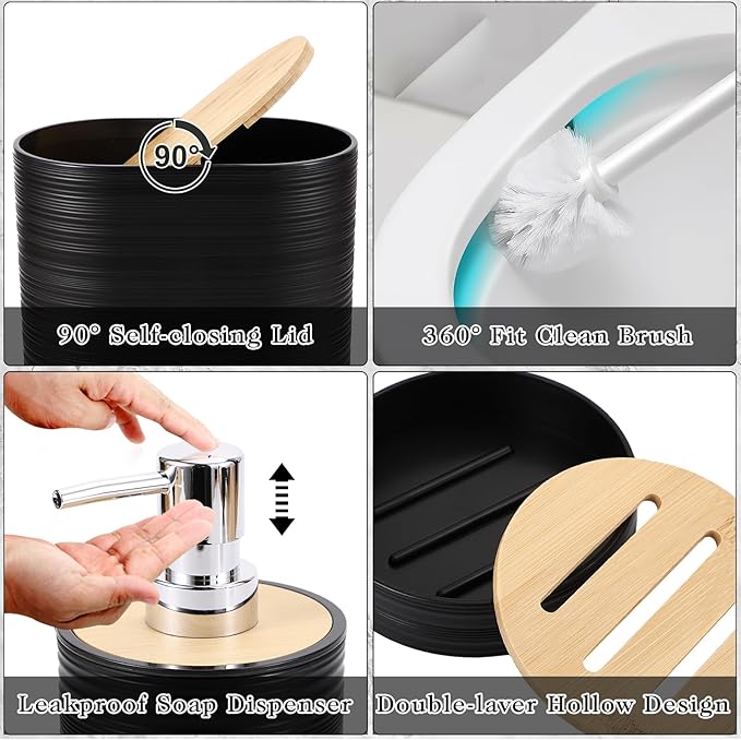 Bathroom Set - Black Bathroom Accessories Set, Bathroom Sets with Shower Curtain and Rugs, 25PC Shower Curtain Set with Hooks, Soap Dispenser, Soap Dish, Toilet Brush Holder and Trash Can