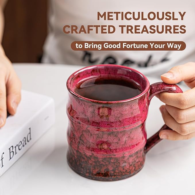 Rustic Red Ceramic Coffee Mug 15oz – Handcrafted Unique Gift for Coffee Lovers, Comfortable Large Handle, Dishwasher Safe
