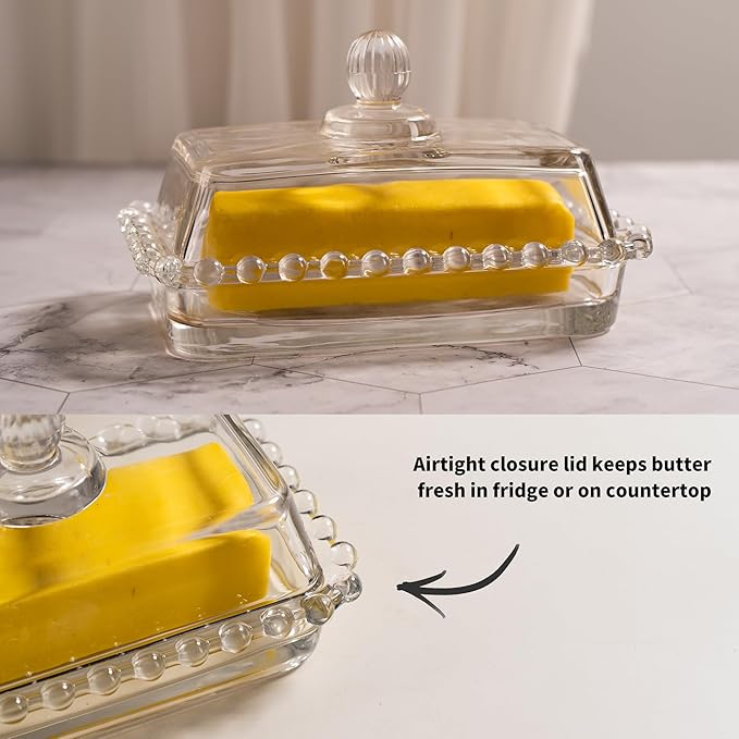 Glass Butter Dish with Lid for Countertop, Clear Crystal Glass Covered Butter Stick Holder Tray, Butter Storage Container for Fridge