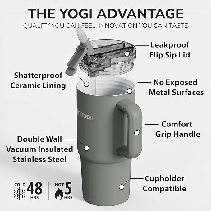 YOGI Ceramic Lined Metal Allergy Safe 24oz Tumbler with Handle and Straw Leakproof Flip & Sip Lid Vacuum Insulated Stainless Steel Travel Cup for Iced Coffee Water and All-Day Hydration 24oz Slate