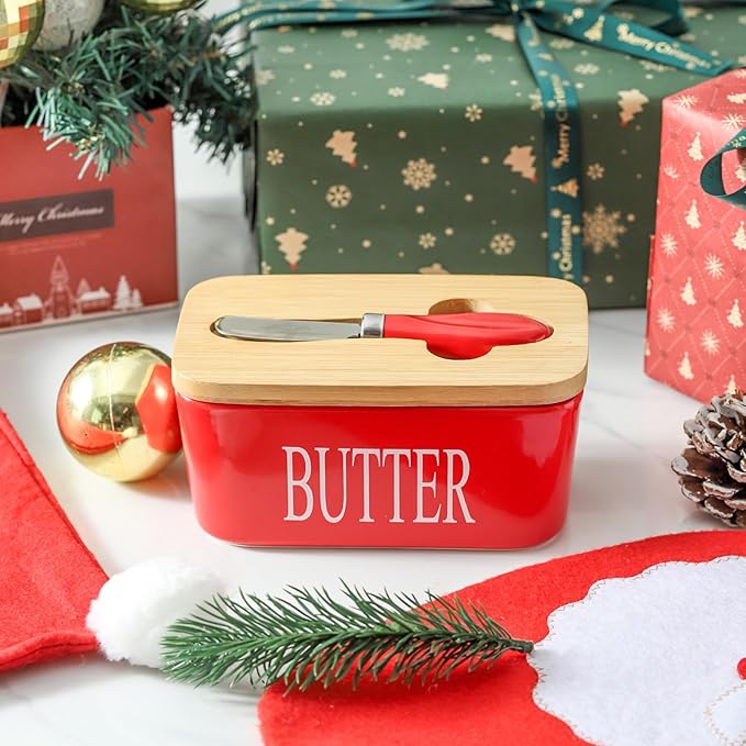 Hasense Butter Dish with Lid and Knife For Countertop, Large Butter Keeper Container with Stainless Steel Knife Spreader for Counter, Airtight Butter Holder with Cover for Kitchen, Christmas gift, Red