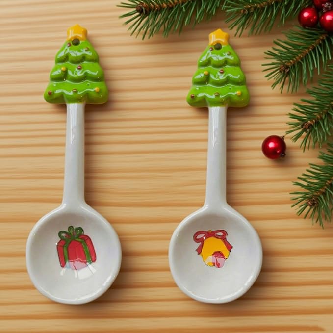 2Pcs Christmas Spoons Ceramic Spoons with Creative Xmas Tree Theme for Dessert Cake Coffee Tea Drinking Stirring Mixing Spoons Xmas Holiday Tableware Party Supplies