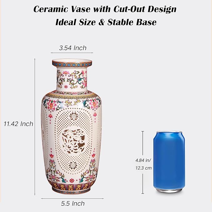 Flower Vase - 11.42 Inch Hollow Out Ceramic Vase, Vintage Chinese Style Home Decor, Handcrafted Patel White Porcelain Centerpiece for Living Room Table Shelf (Pastel A)