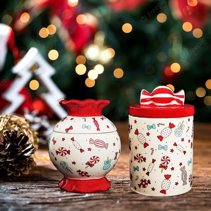 Christmas Cookie Jar with Lid, 2 Pcs Ceramic Candy Jar Canister, Ceramic Storage Jar Container, Decorative Xmas Cookie Container for Holiday Kitchen Counter Displays, Treats, and Gifts (L and M)