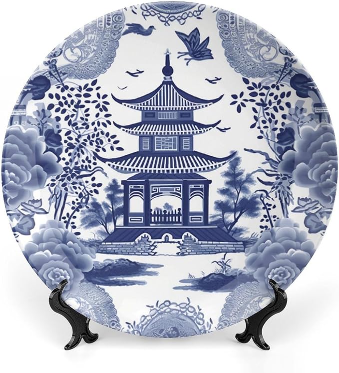 Chinoiserie Blue Asian Pagoda Fashion Plates of 6", 7", 9", 10", Customize Ceramic Display Plate, Wall Office Decorations Farmhouse, Unique Art with Stand