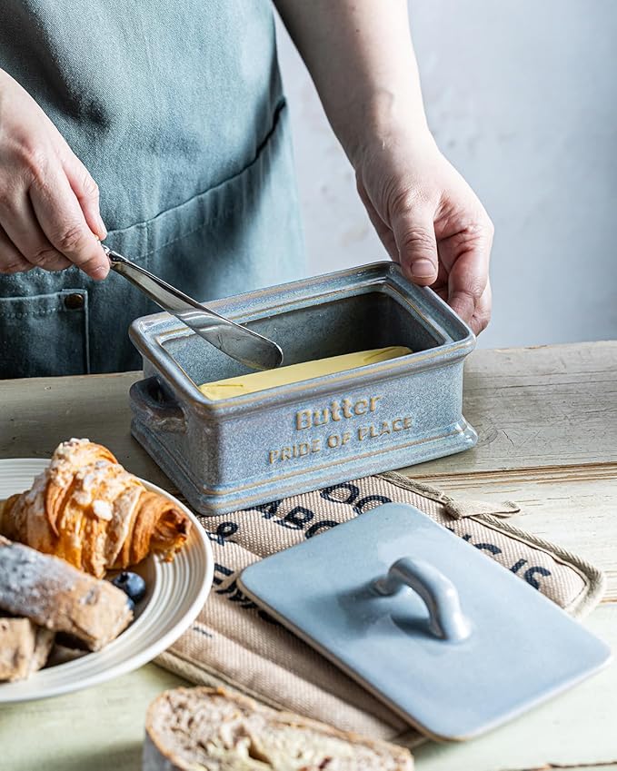 Butter Dish with Lid, Ceramic Butter Holder Container Large Butter Dish for Countertop Farmhouse Mother's Day Kitchen Decor Butter Keeper for East West Coast Butter, Gray