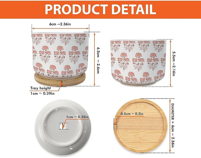 Set of 1 Watercolor Chinoiserie Floral Small Pots for Succulents Coral Orange Flower Ceramics Plant Pot with Drainage Bamboo Trays Asian Scenery Chinoiserie Cactus Pot