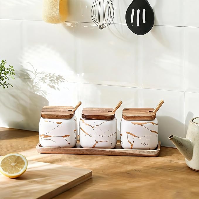 3 Pcs Sugar Bowls Ceramic Coffee Jar Set Ceramic Seasoning Jar with Lid Spoon and Tray/Food Storage Canister