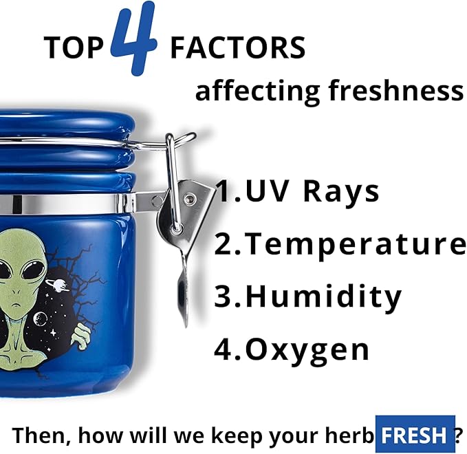 Alien Smell Proof Jar Half Oz (250ml), Separate Space for Humidity Pack To Keep Herbs Fresh For Months - Ceramic Smell Proof Containers, ET Stash Jar with Clamp Lid - Double Sealed Airtight Jar - Blue