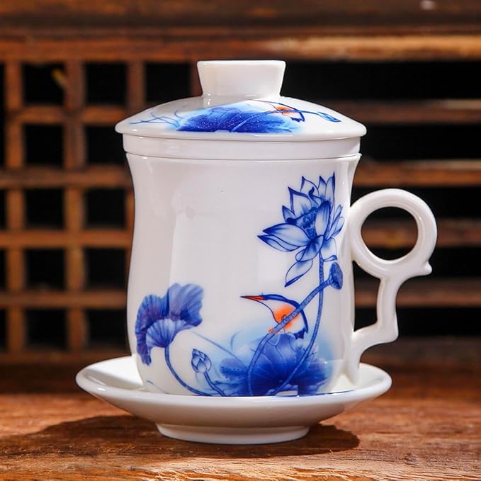 Porcelain Tea Cup with Infuser Lid and Saucer Sets - Chinese Jingdezhen Ceramics Coffee Mug Teacup Loose Leaf Tea Brewing System for Home Office