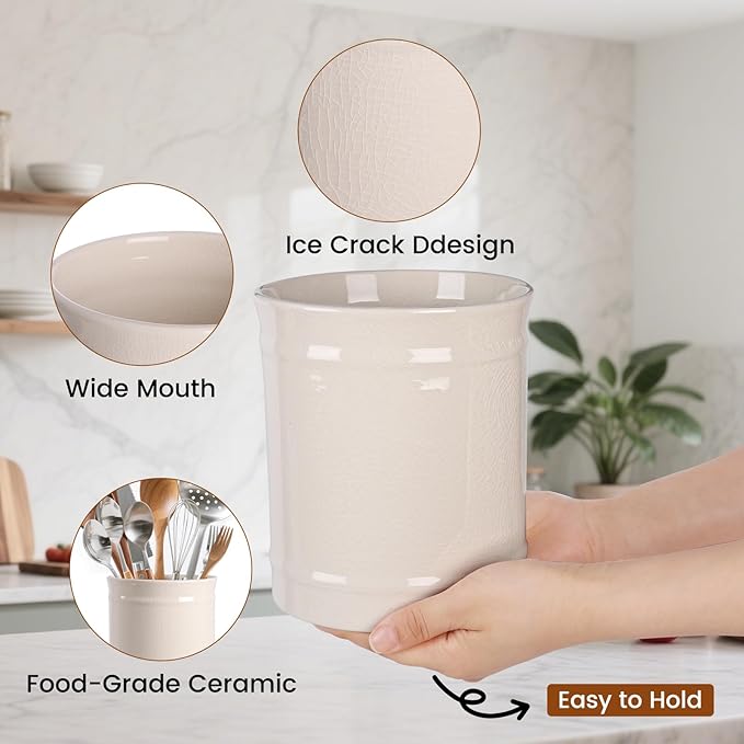 SZUAH Kitchen Utensil Holder, Larger Ceramic Utensil Crock for Kitchen Counter top & Dining Table (Cream, 5.9" x 5.9" x 6.7")