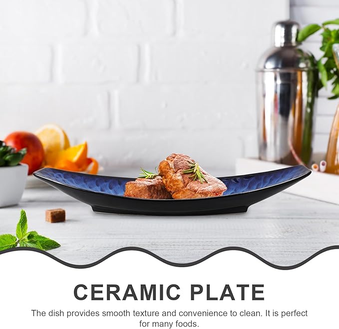 Cabilock Japanese Fish Plate 14.37 Inch Ceramic Sashimi Serving Platter Long Boat Shape Cold Dish Dessert Tray for Home Kitchen and Restaurant Use