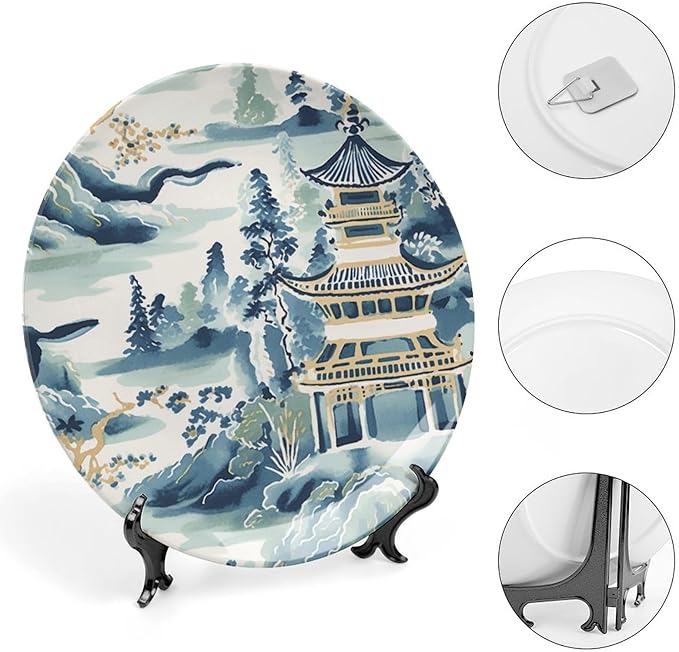 Blue And White Chinoiserie Pagoda Ming Toile Asian Ceramic Decorative Plate for Display Table Art Decoration Supplies Household Office Holiday Party Decorations Customize Gifts for Men Women Holiday