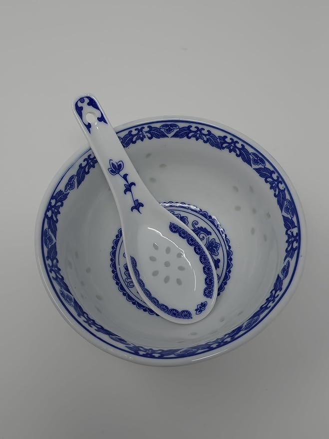 10 Pcs Fine Porcelain Blue and White Rice Pattern Bowls, Cereal Bowls, Rice Bowls with Free 10 Porcelain Spoons Jingdezhen China