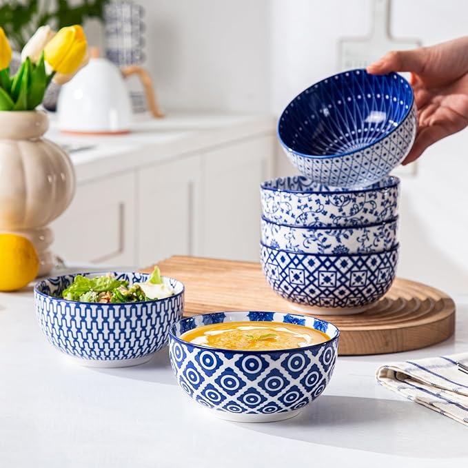 Ceramic Dessert Bowls Set - Small 11 Oz Porcelain Ice Cream Bowls for kitchen - 4.7 Inch Cereal Bowls for Salad, Fruits - Microwave Dishwasher Safe - Set of 6 - Vintage Blue