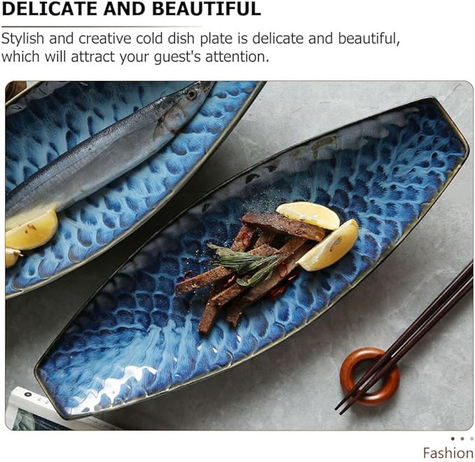 Cabilock Japanese Fish Plate 14.37 Inch Ceramic Sashimi Serving Platter Long Boat Shape Cold Dish Dessert Tray for Home Kitchen and Restaurant Use