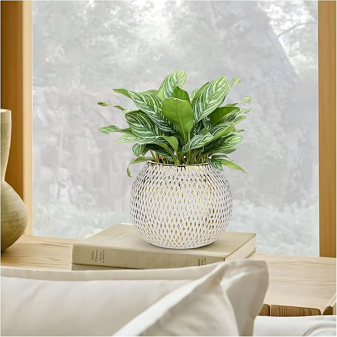Ceramic Plant Pots for Plants Indoor 6.1 Inch Round Gold and White Flower Pot Gilded Decorative Planter with Drainage Hole and Saucer Modern Ceramic Pot for Succulents Orchids Cactus Herbs Home Decor